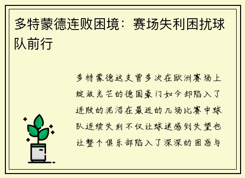 多特蒙德连败困境：赛场失利困扰球队前行